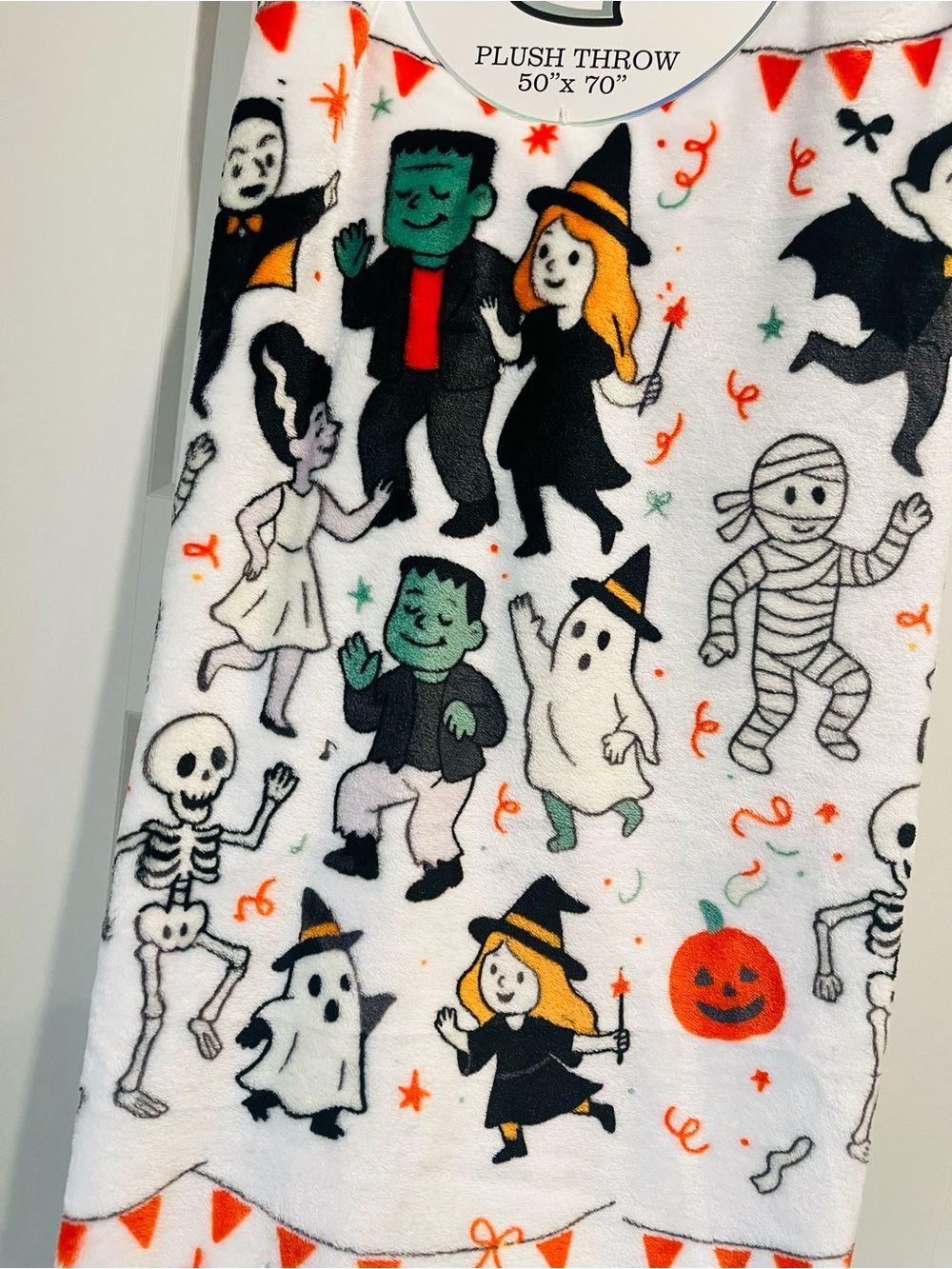 Kids Halloween Plush Throw Blanket - White with Orange & Black Accents